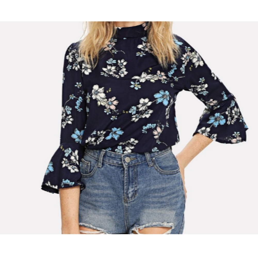 Navy Blue Floral Blouse Large Bell Sleeves - Picture 3 of 6